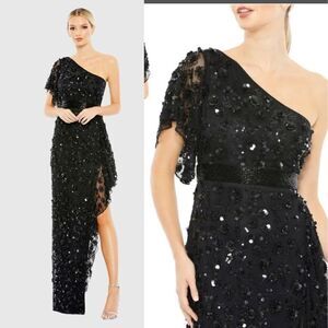 NWT Mac Duggal One Shoulder Beaded black Embellished Gown Asymmetrical Hem 8